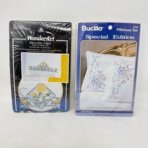 2 Sets Stamped Pillowcases Needlecraft Embroidery Kits Wonder Art Bucilla 63326
